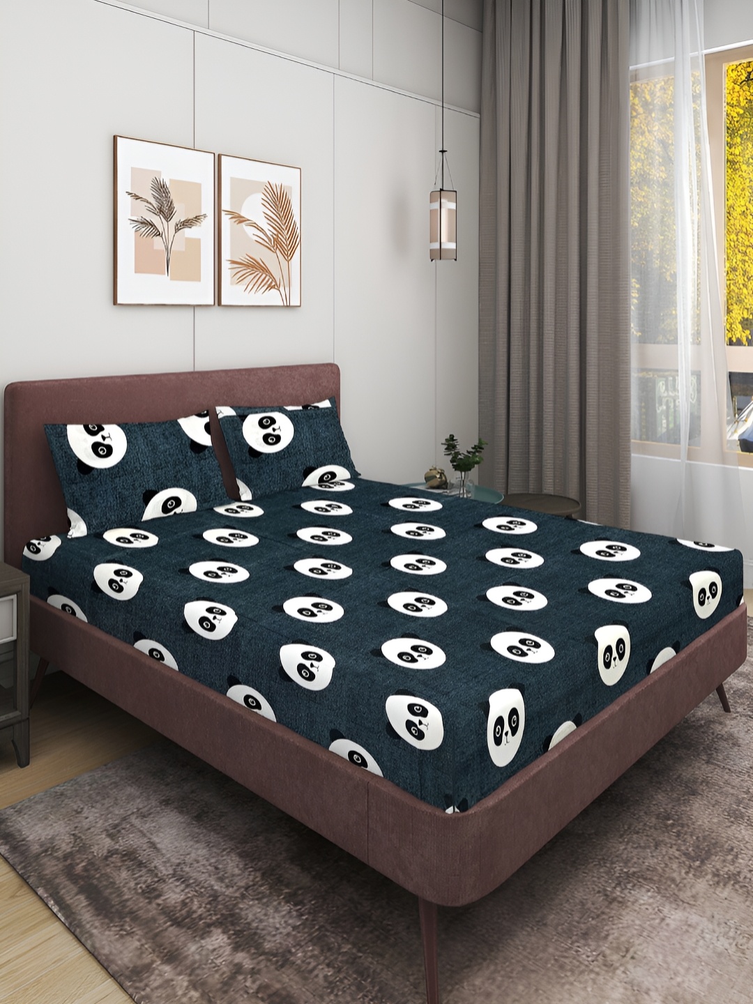 

ROMEE Teal & White Cartoon Characters 144 TC Queen Bedsheet with 2 Pillow Covers
