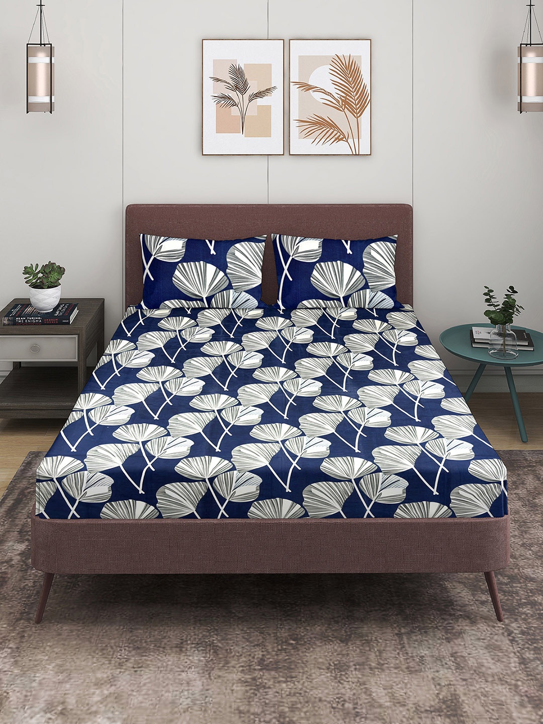 

ROMEE Blue & Grey Floral 186 TC Queen Bedsheet with 2 Pillow Covers