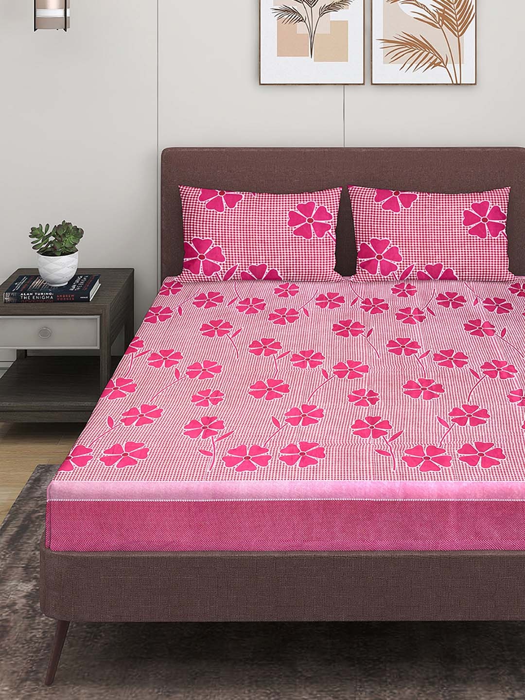 ROMEE Pink & White Floral 144 TC Queen Bedsheet with 2 Pillow Covers