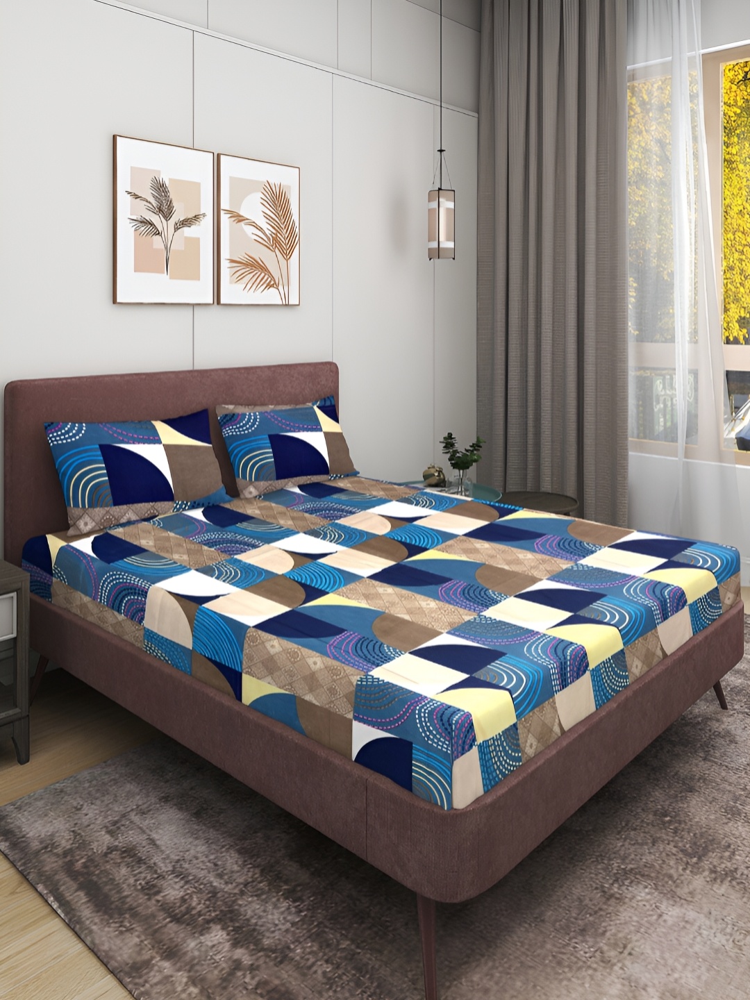 

ROMEE Blue & White Geometric 144 TC Queen Bedsheet with 2 Pillow Covers
