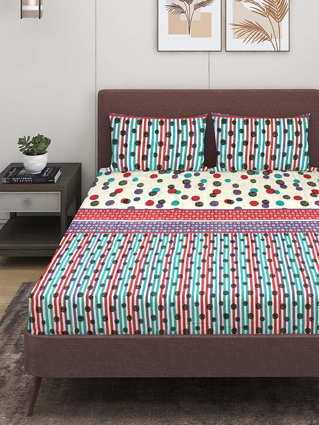 

ROMEE Blue & Pink Geometric 186 TC Queen Bedsheet with 2 Pillow Covers