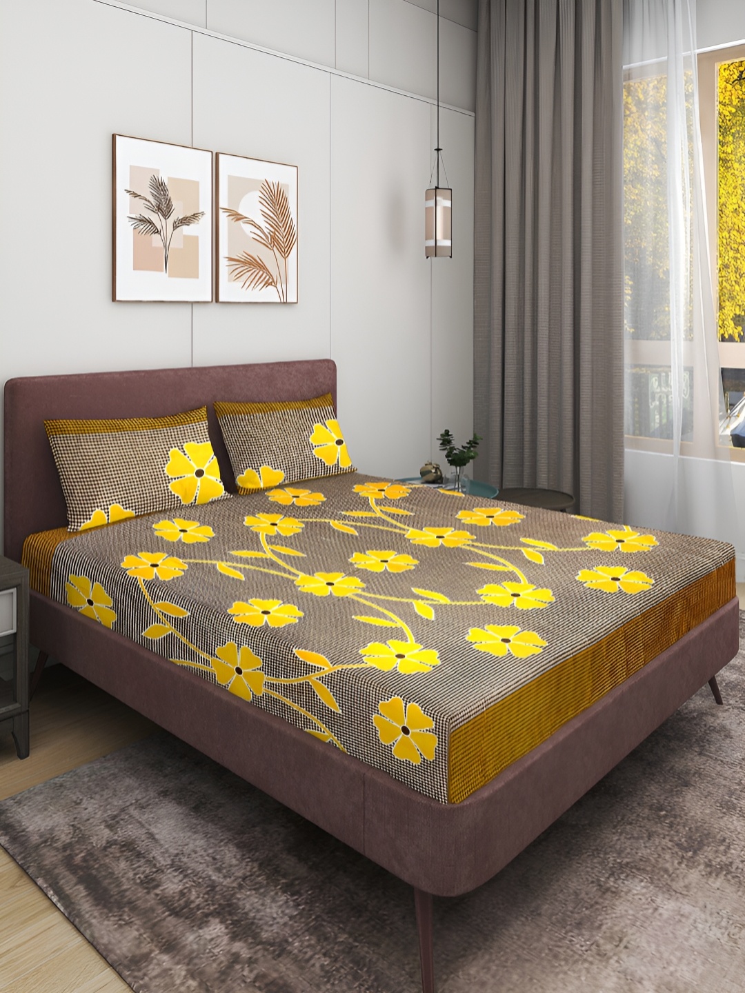 

ROMEE Yellow & Navy Blue Floral 144 TC Queen Bedsheet with 2 Pillow Covers