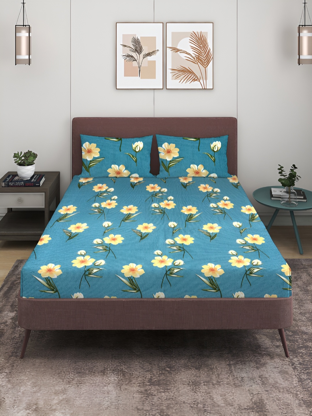 

ROMEE Teal & Yellow Floral 144 TC Queen Bedsheet with 2 Pillow Covers