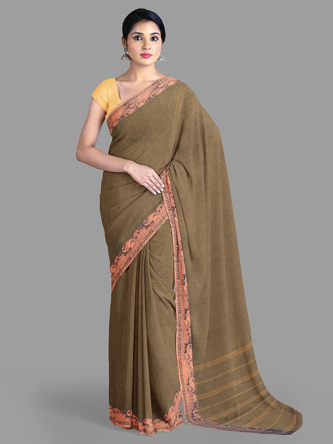

The Chennai Silks Zari Pure Cotton Taant Saree, Brown
