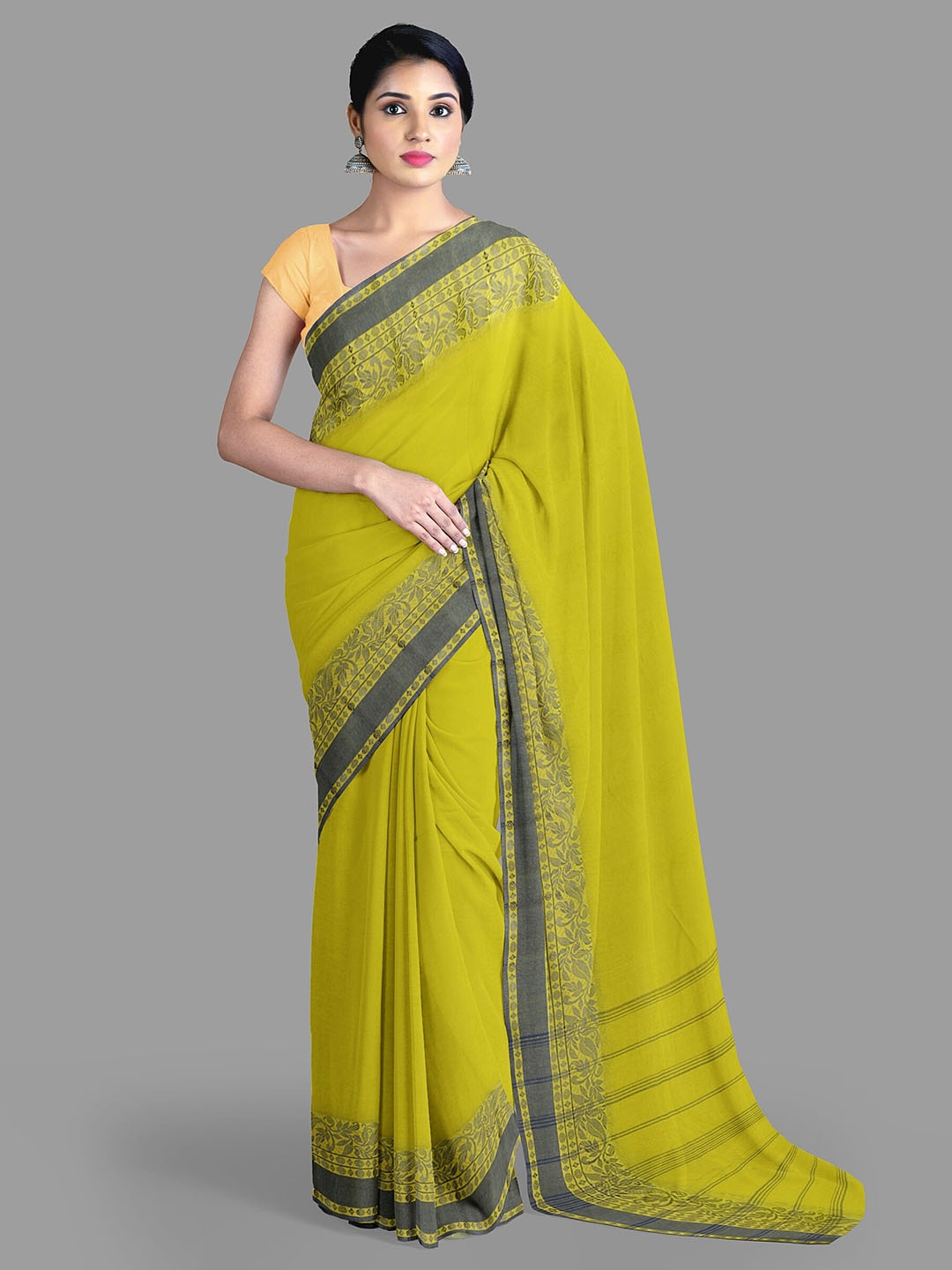 

The Chennai Silks Pure Cotton Taant Saree, Lime green