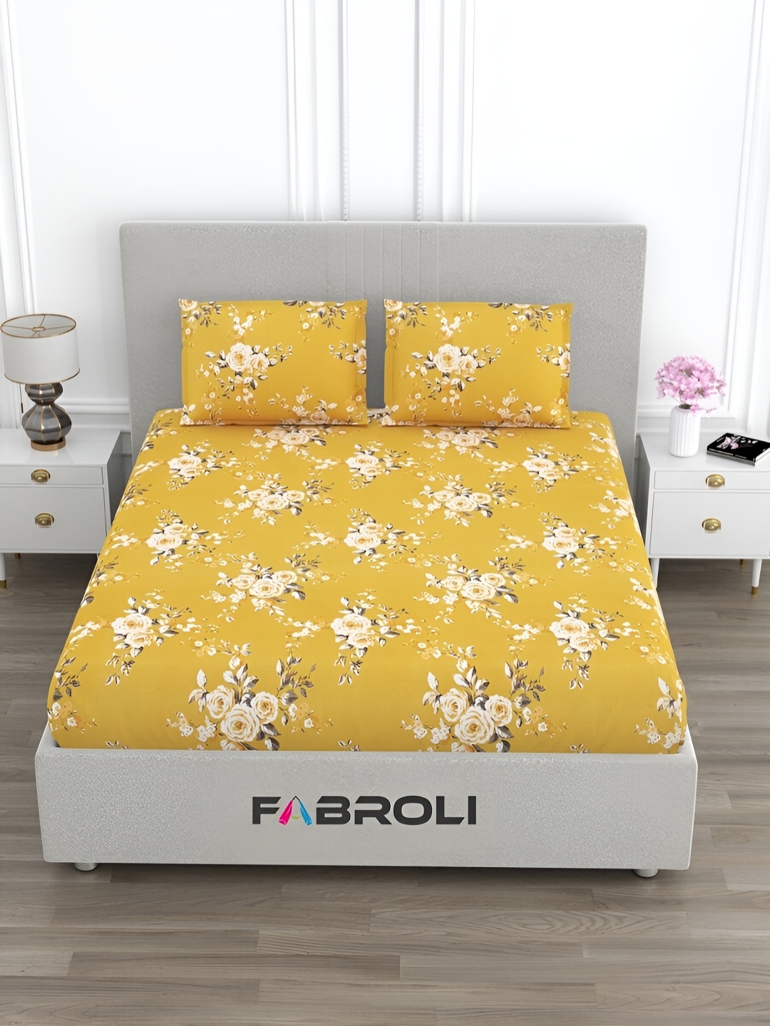 

FABROLI Yellow Floral Printed Cotton 300 TC Queen Bedsheet with 2 Pillow Covers