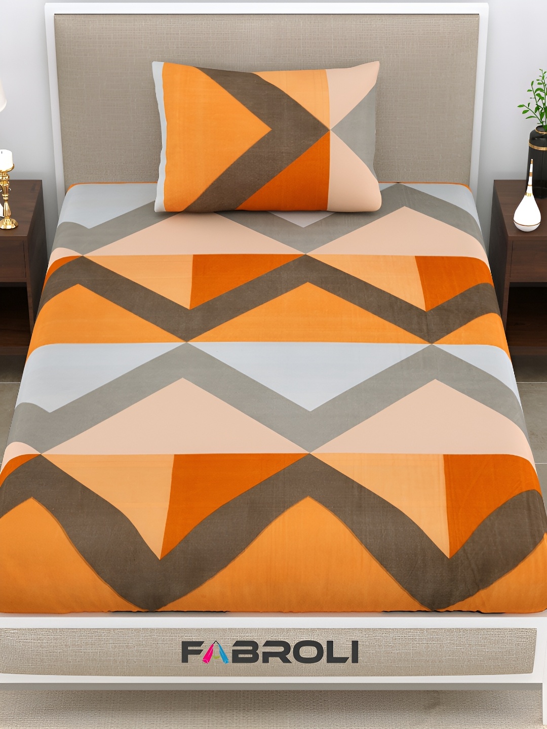 

FABROLI Orange Abstract Printed Cotton 300 TC Single Bedsheet with 1 Pillow Cover