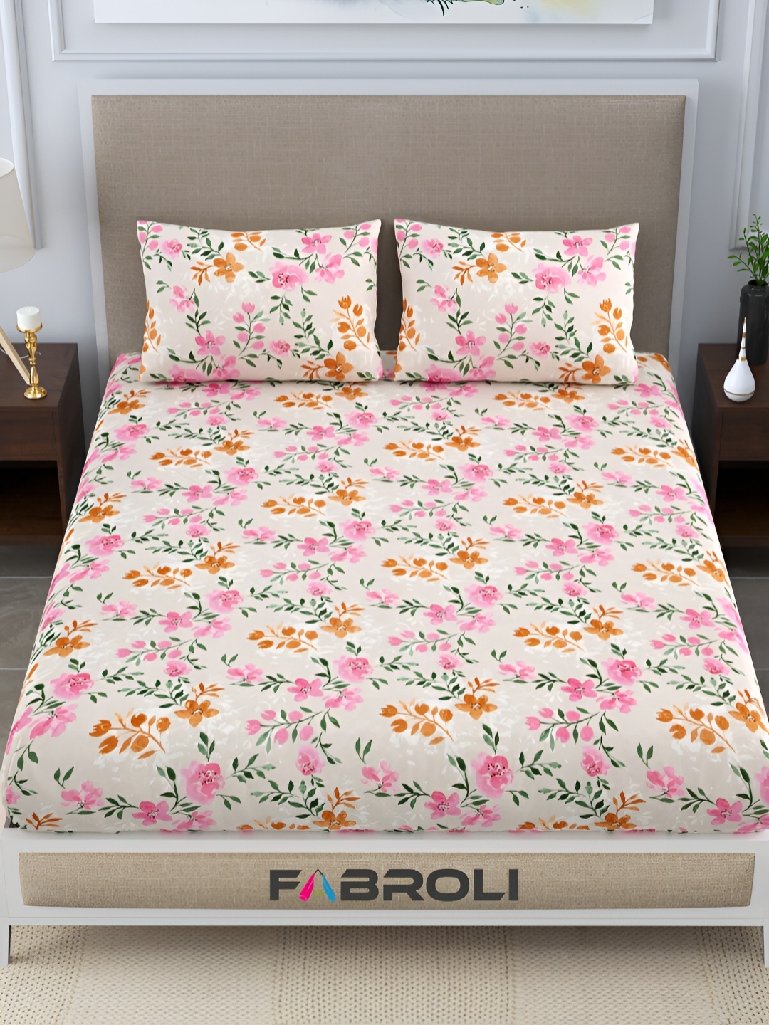 

FABROLI Pink Floral Printed Cotton 300 TC Queen Bedsheet with 2 Pillow Covers