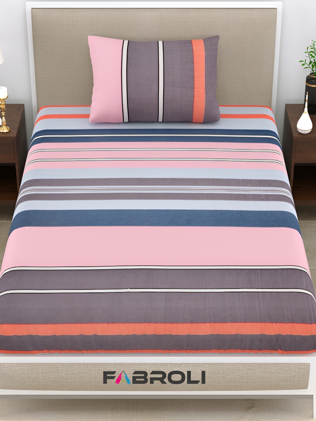 

FABROLI Pink Striped Cotton 300 TC Single Bedsheet with 1 Pillow Cover