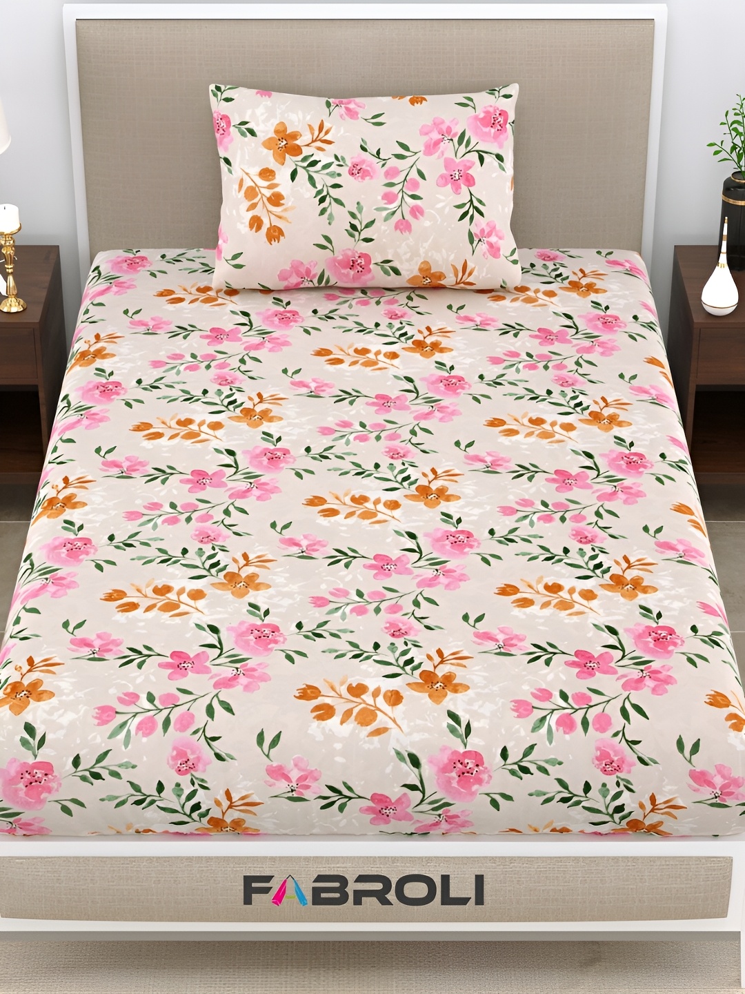 

FABROLI Pink& Orange Floral Cotton 300 TC Single Bedsheet With 1 Pillow Cover
