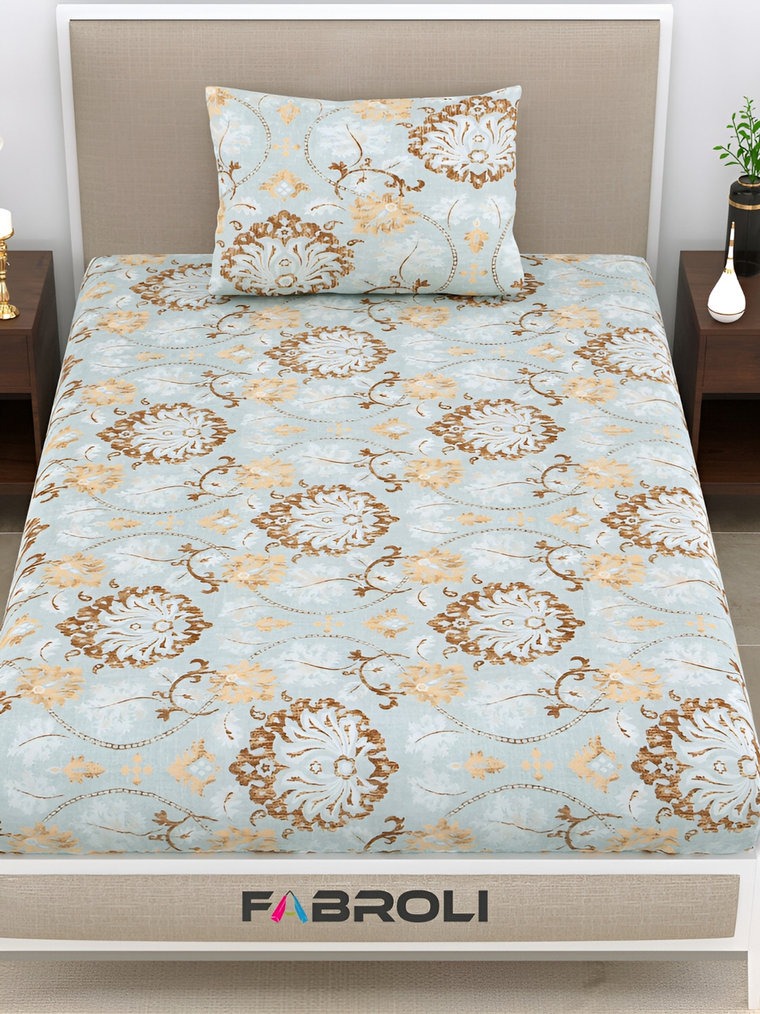 

FABROLI Blue & Brown Ethnic Motifs Cotton 300 TC Single Bedsheet With 1 Pillow Cover