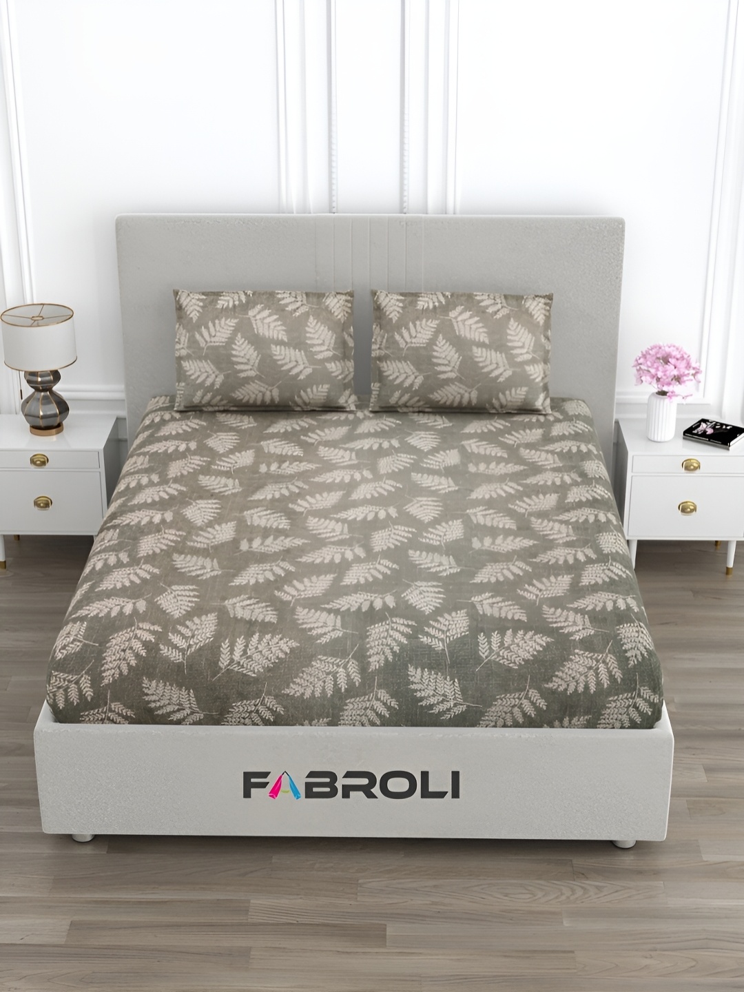 

FABROLI Brown Floral Printed Cotton 300 TC Queen Bedsheet with 2 Pillow Covers