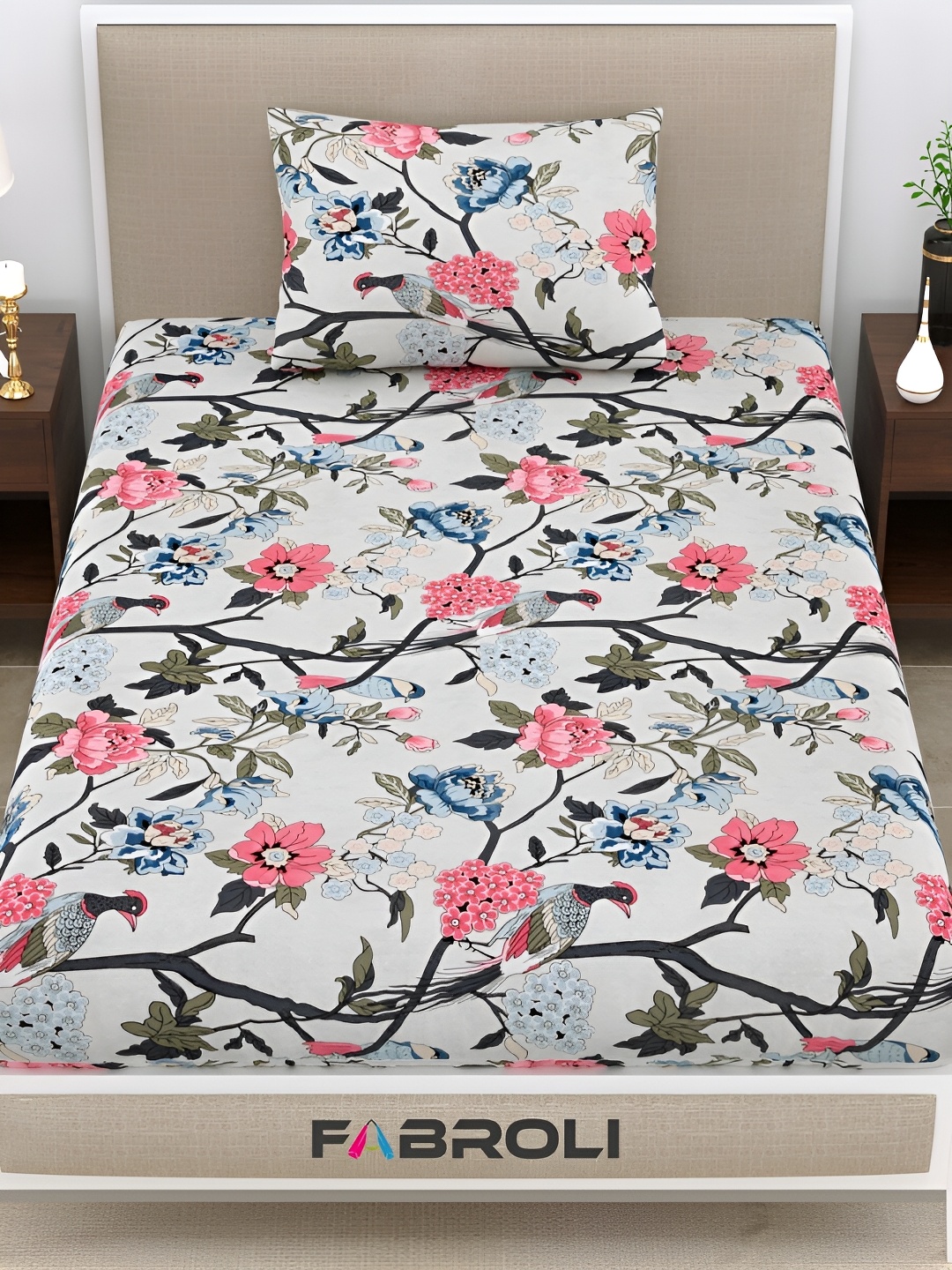 

FABROLI Red Floral Printed Cotton 300 TC Single Bedsheet with 1 Pillow Cover