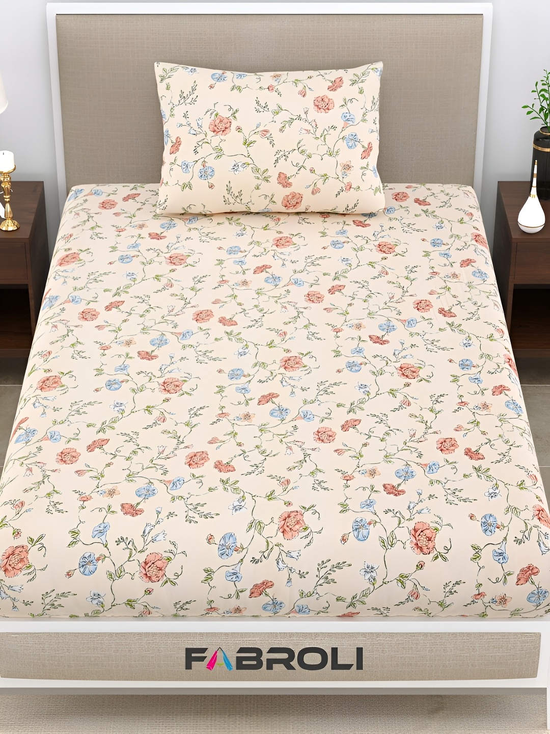 

FABROLI Beige Floral Printed Cotton 300 TC Single Bedsheet with 1 Pillow Cover