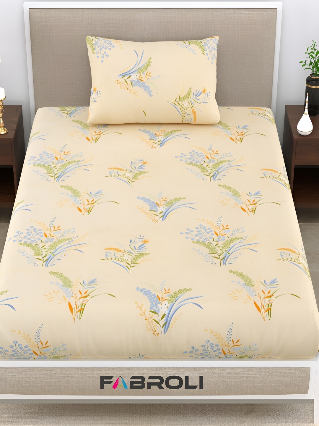 

FABROLI Beige & Blue Floral Cotton 300 TC Single Bedsheet With 1 Pillow Cover