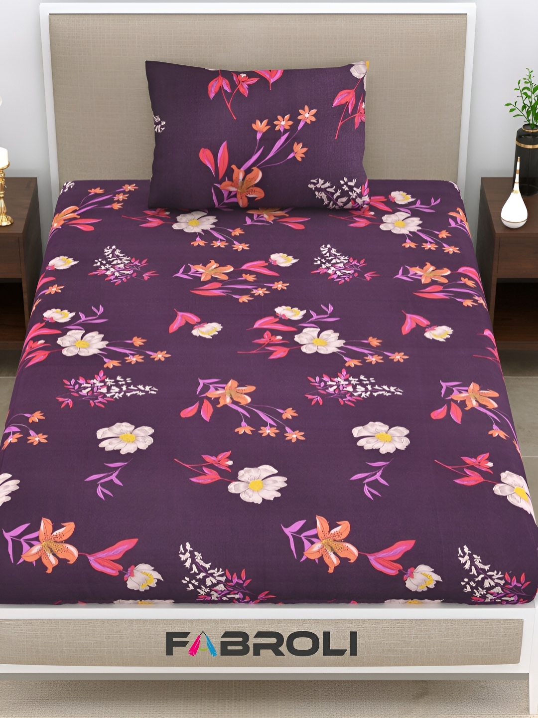 

FABROLI Purple & Pink Floral Cotton 300 TC Single Bedsheet With 1 Pillow Cover