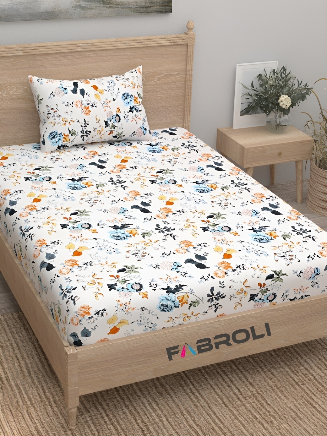 

FABROLI White Floral Printed Cotton 300 TC Single Bedsheet with 1 Pillow Covers