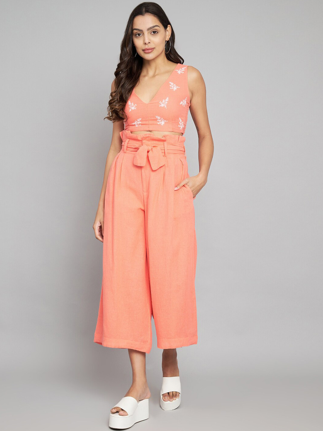 

Amagyaa Embroidered V-Neck Pure Cotton Top & Flared Trousers Co-Ords, Peach