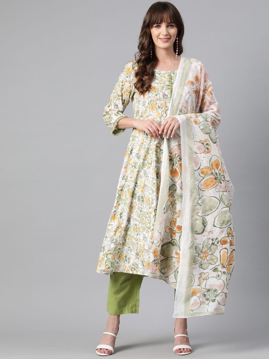 

Yuris Floral Printed Pleated Sequinned Pure Cotton Kurta with Trousers & Dupatta, Off white