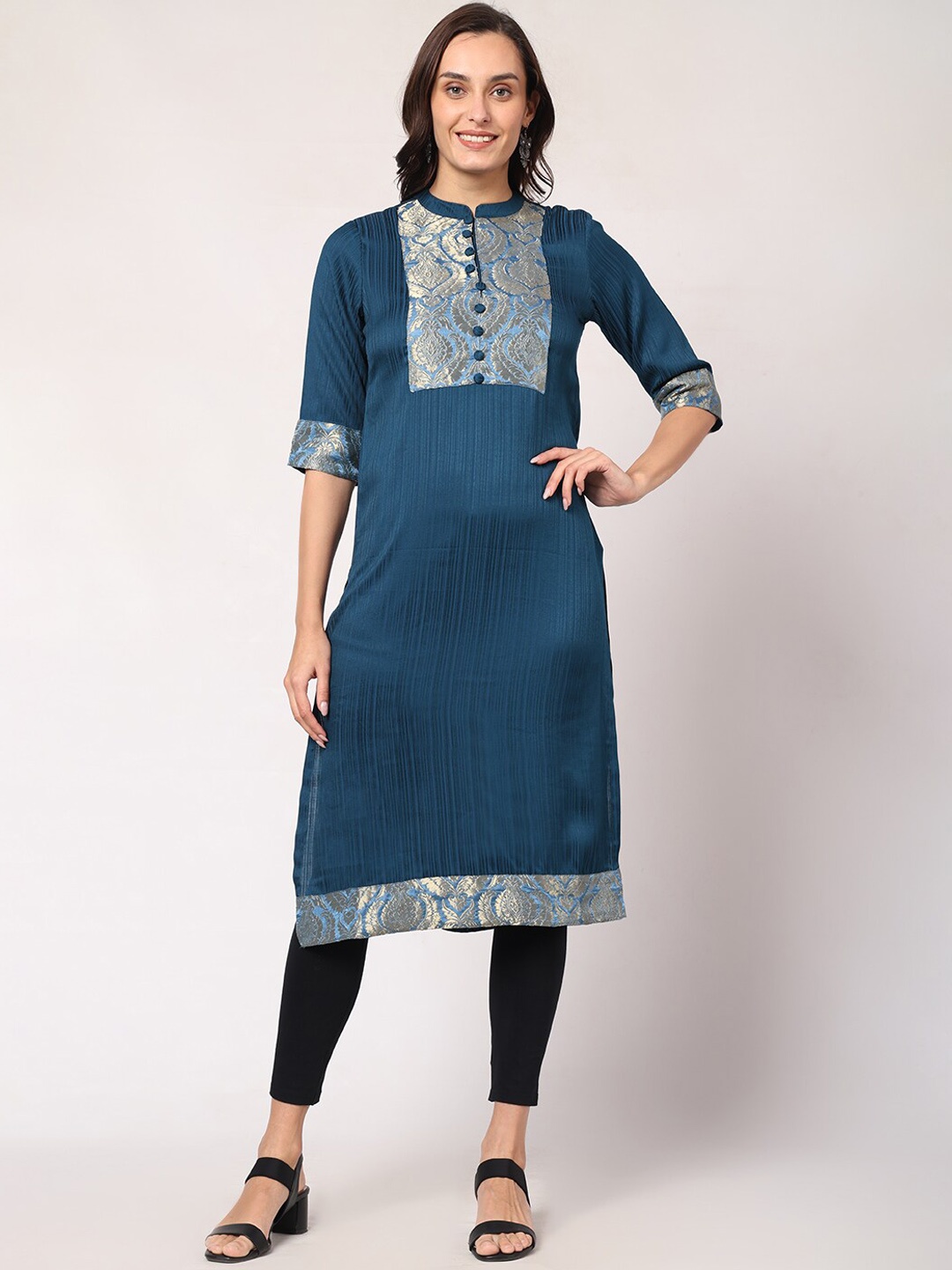 

GOCHIKKO Woven Design Yoke Design Kurta, Navy blue