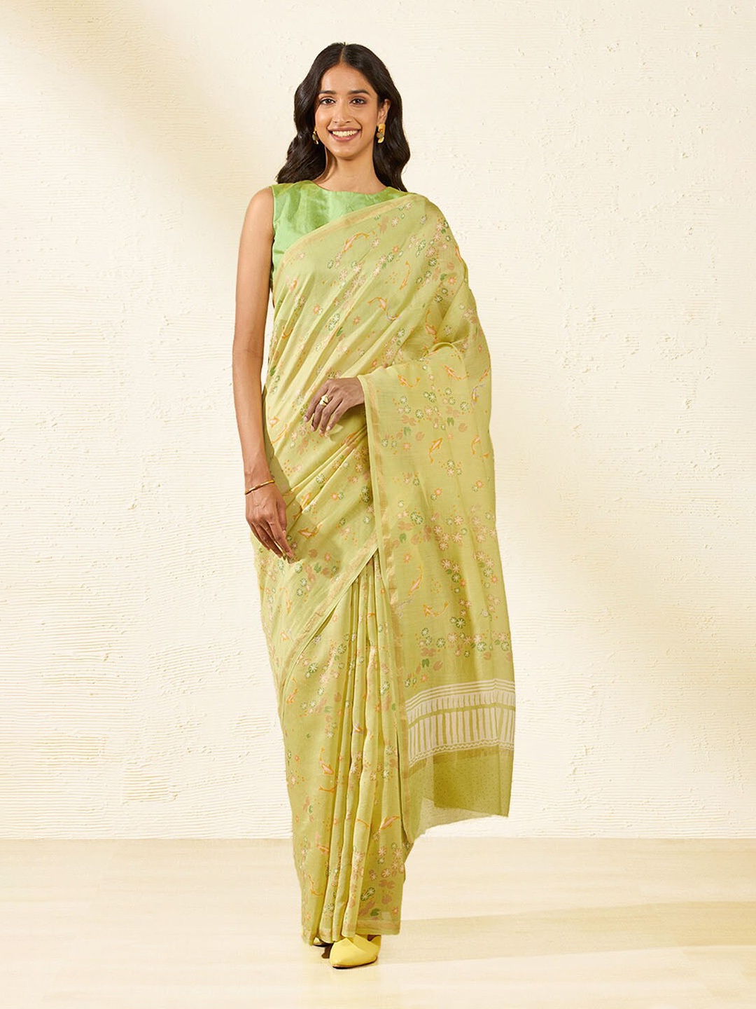 

Taneira Floral Zari Silk Cotton Saree, Green