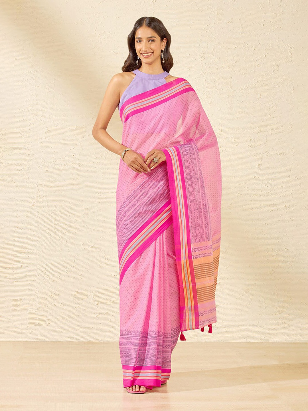 

Taneira Polka Dots Block Printed Pure Cotton Saree, Pink
