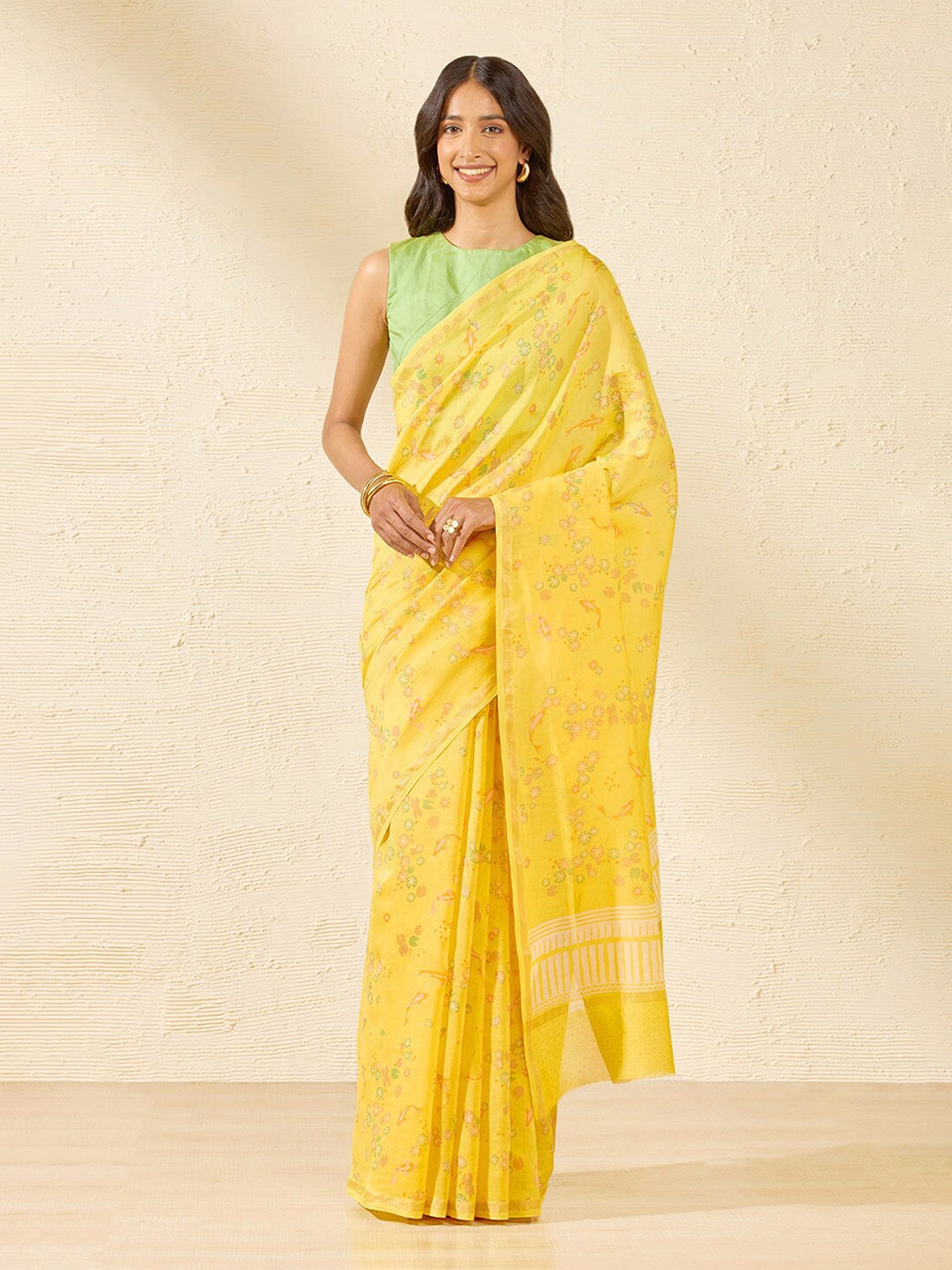 

Taneira Floral Printed Zari Silk Cotton Saree, Yellow