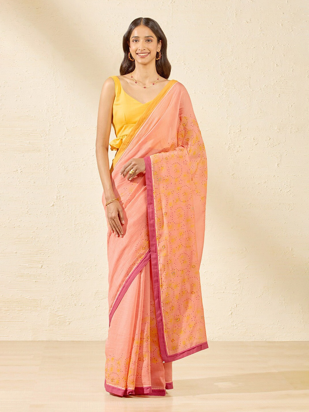 

Taneira Geometric Block Printed Silk Cotton Saree, Pink