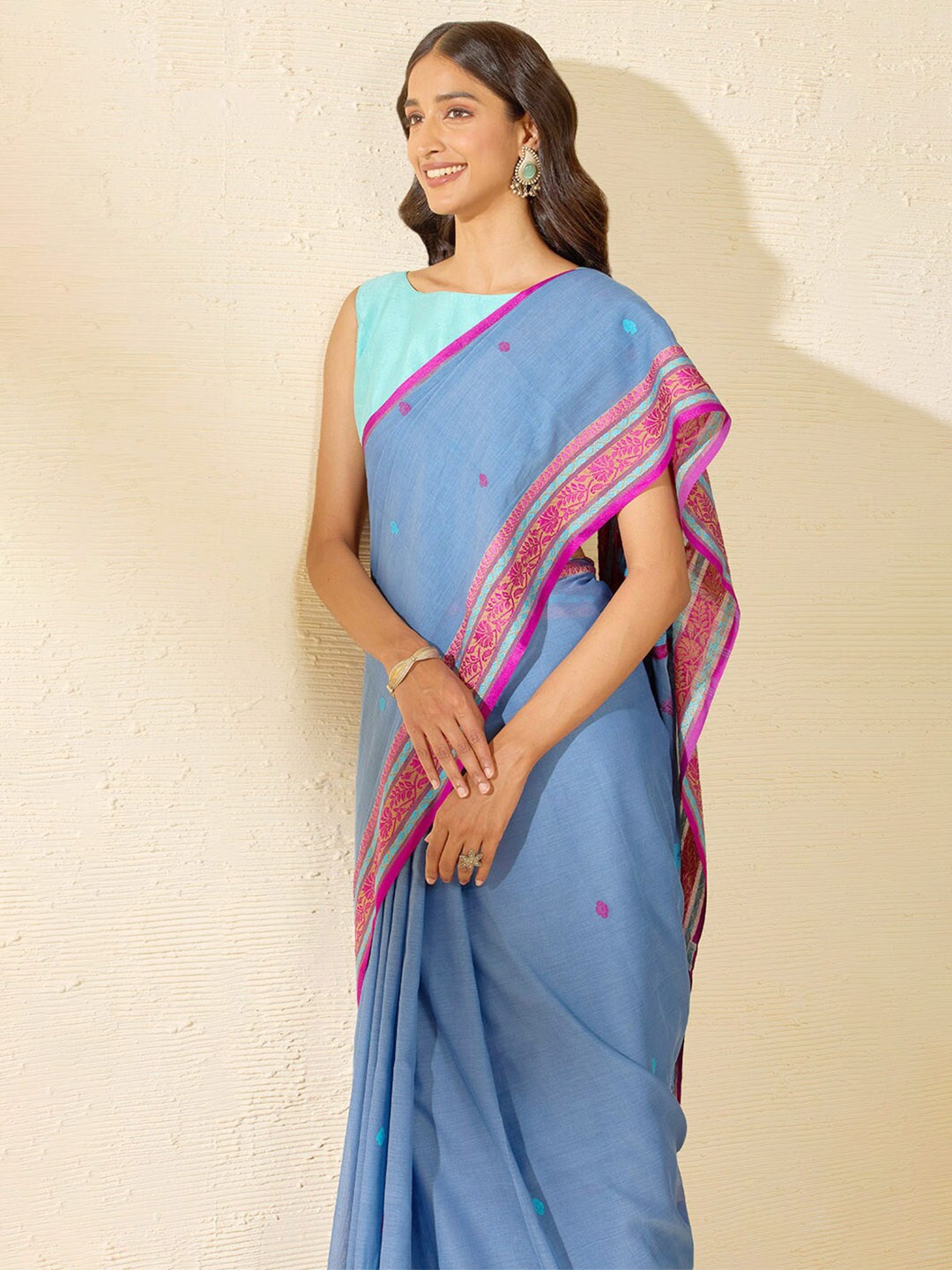 

Taneira Woven Design Pure Cotton Jamdani Saree, Blue