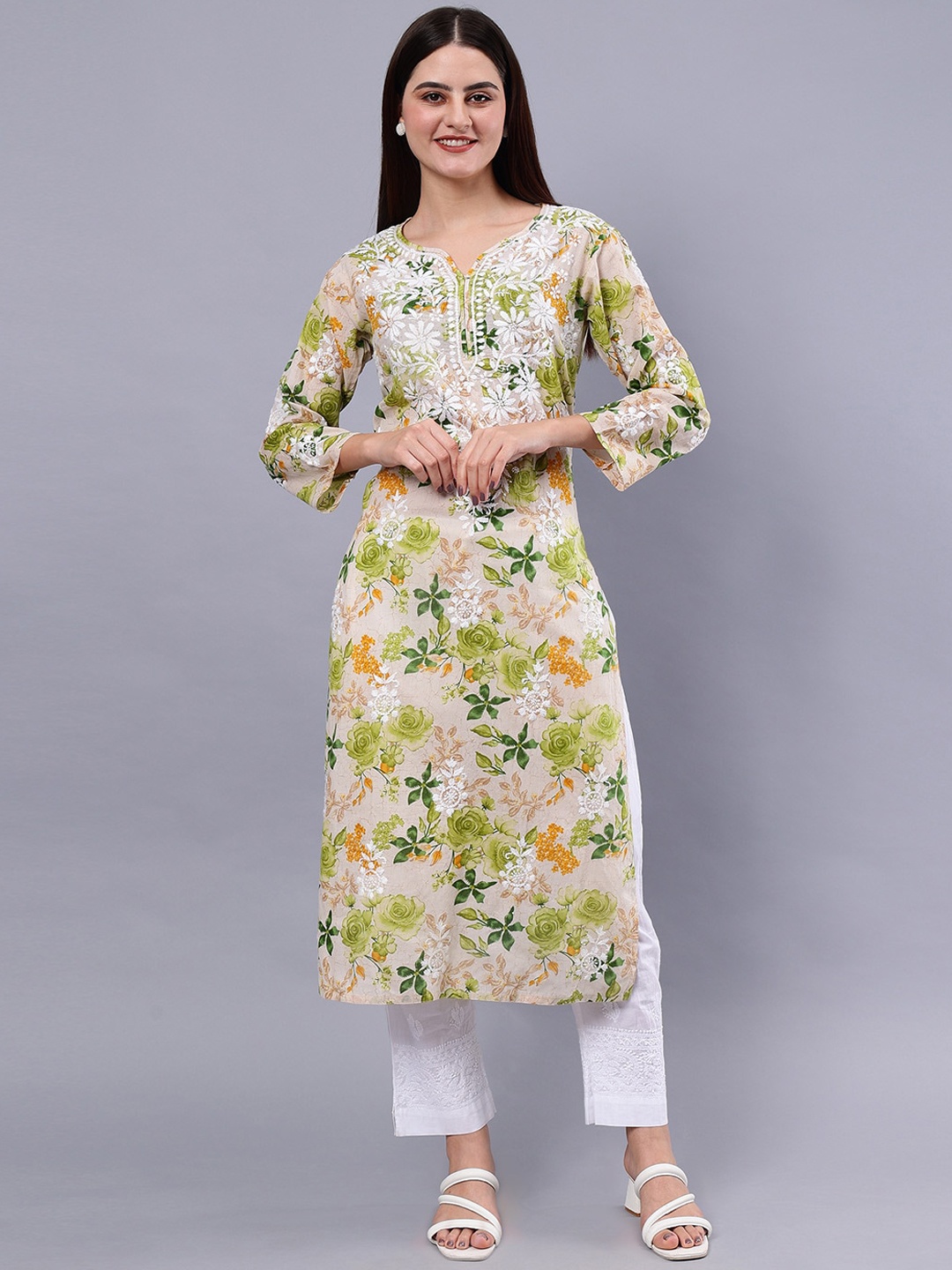 

Seva Chikan Floral Printed Lucknowi Chikankari Straight Kurta, Green