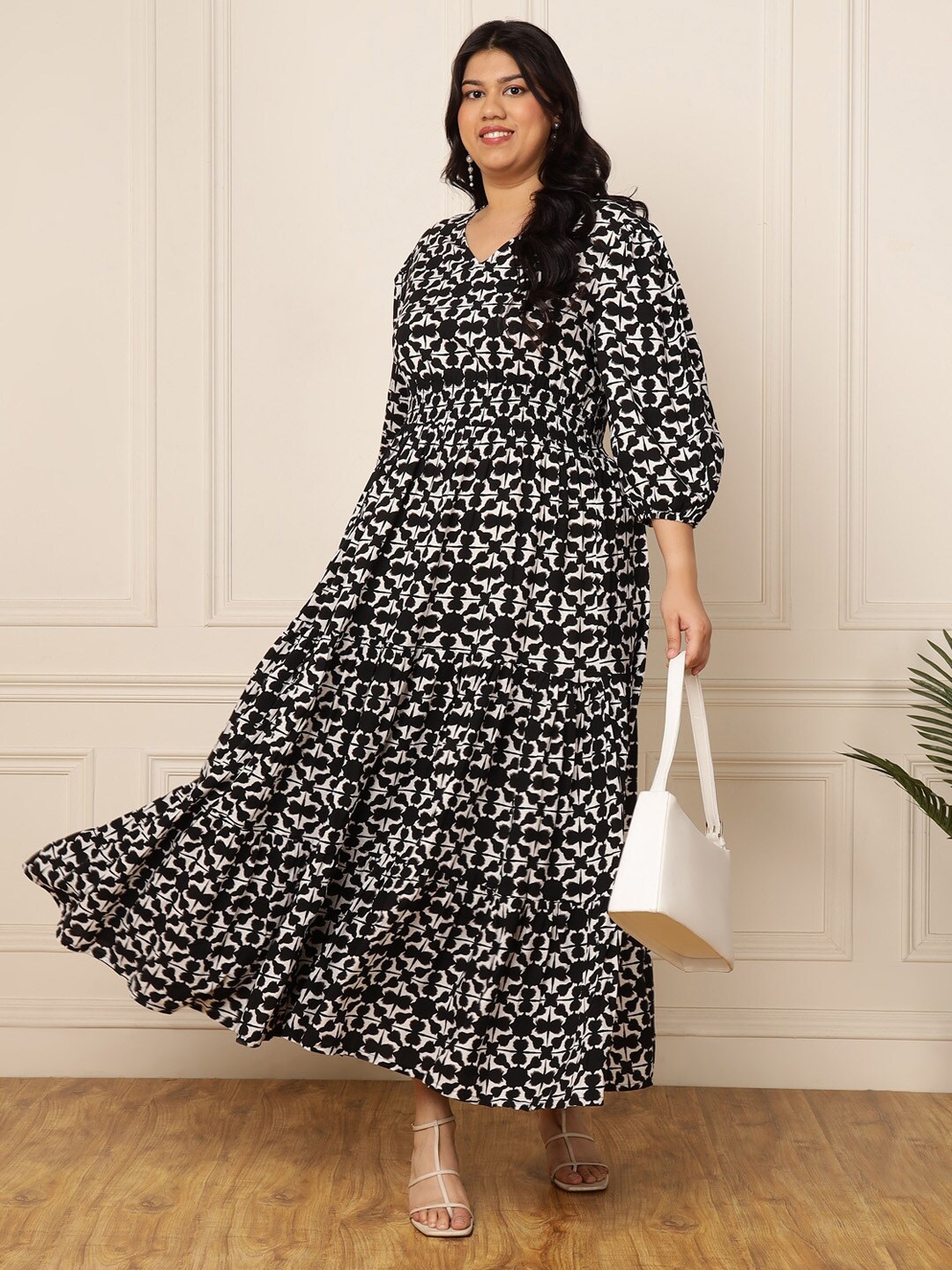 

DEEBACO Geometric Printed V-Neck Flared Puff Sleeve Maxi Dress, Black