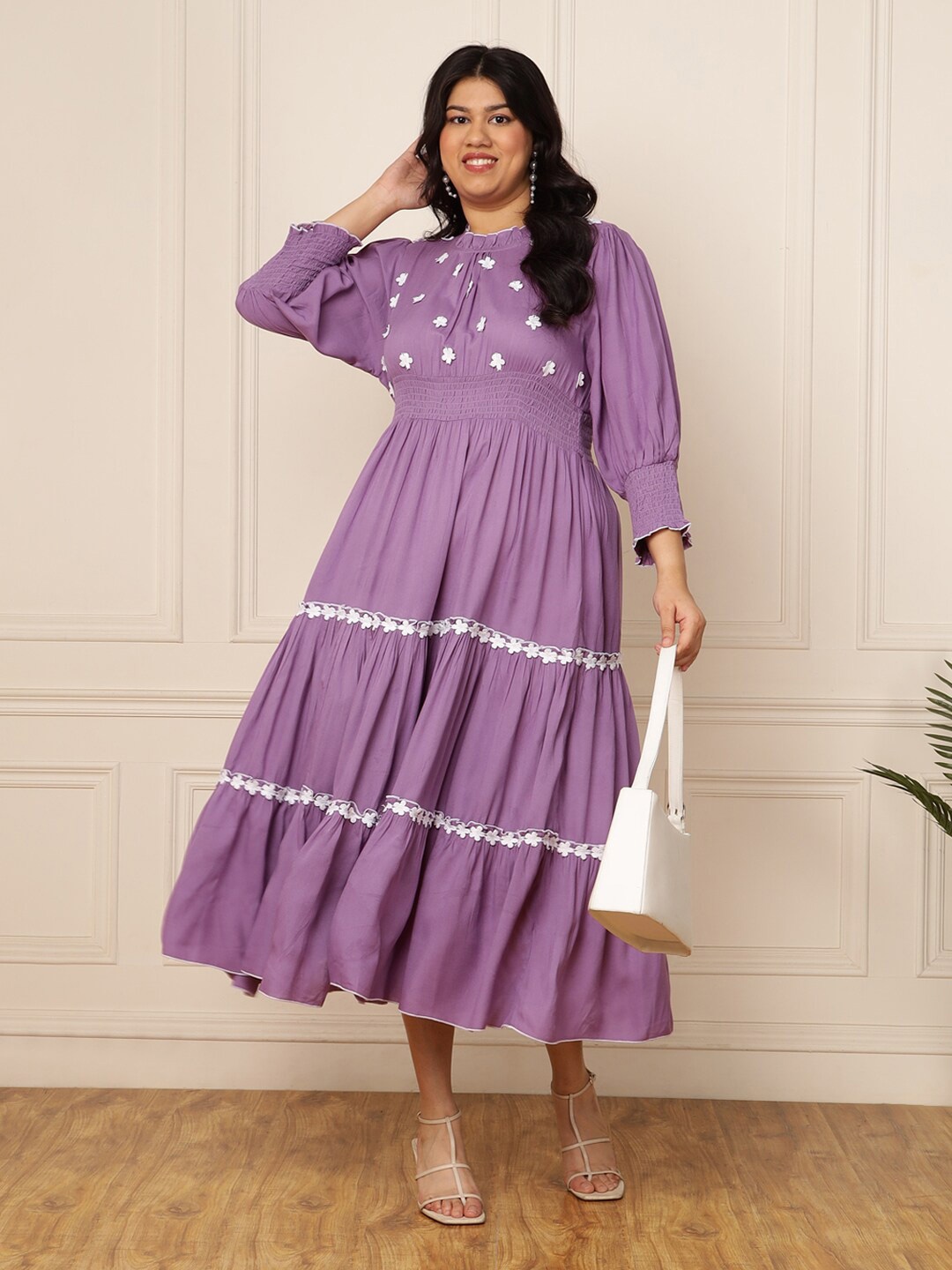 

DEEBACO Floral Embroidered Flared Puff Sleeve A-Line Midi Dress, Lavender