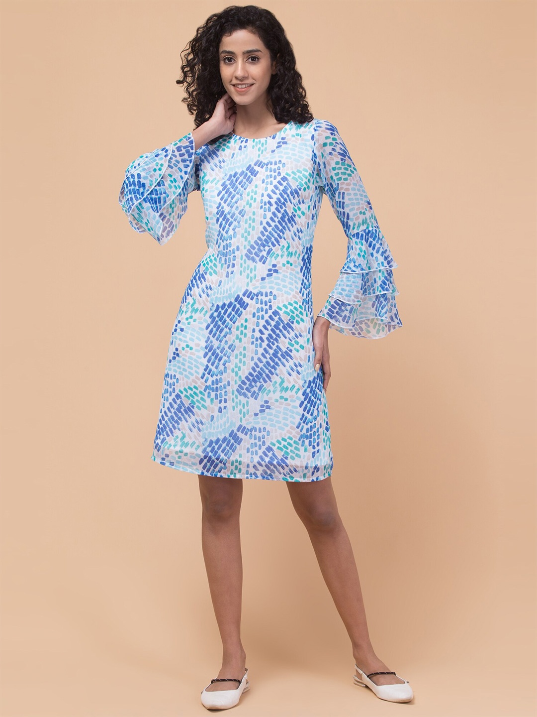 

BAESD Floral Print Georgette Round Neck Bell Sleeve A-Line Dress, Blue
