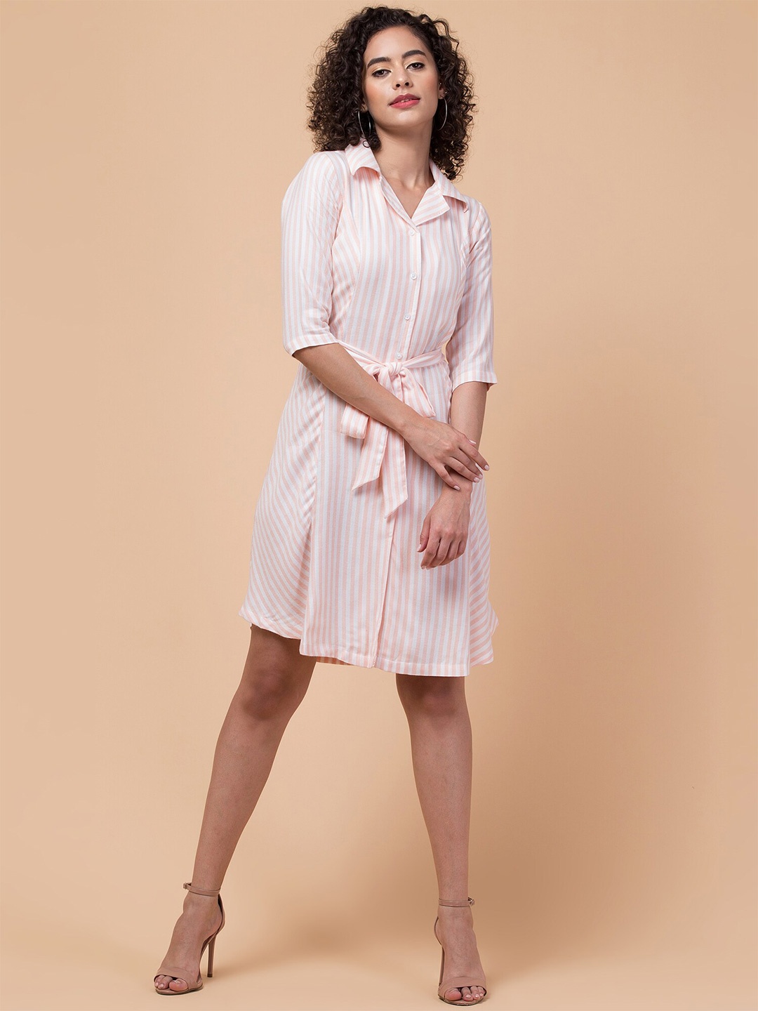 

BAESD Striped Shirt Collar Three-Quarter Sleeves Shirt Casual Dress, Peach