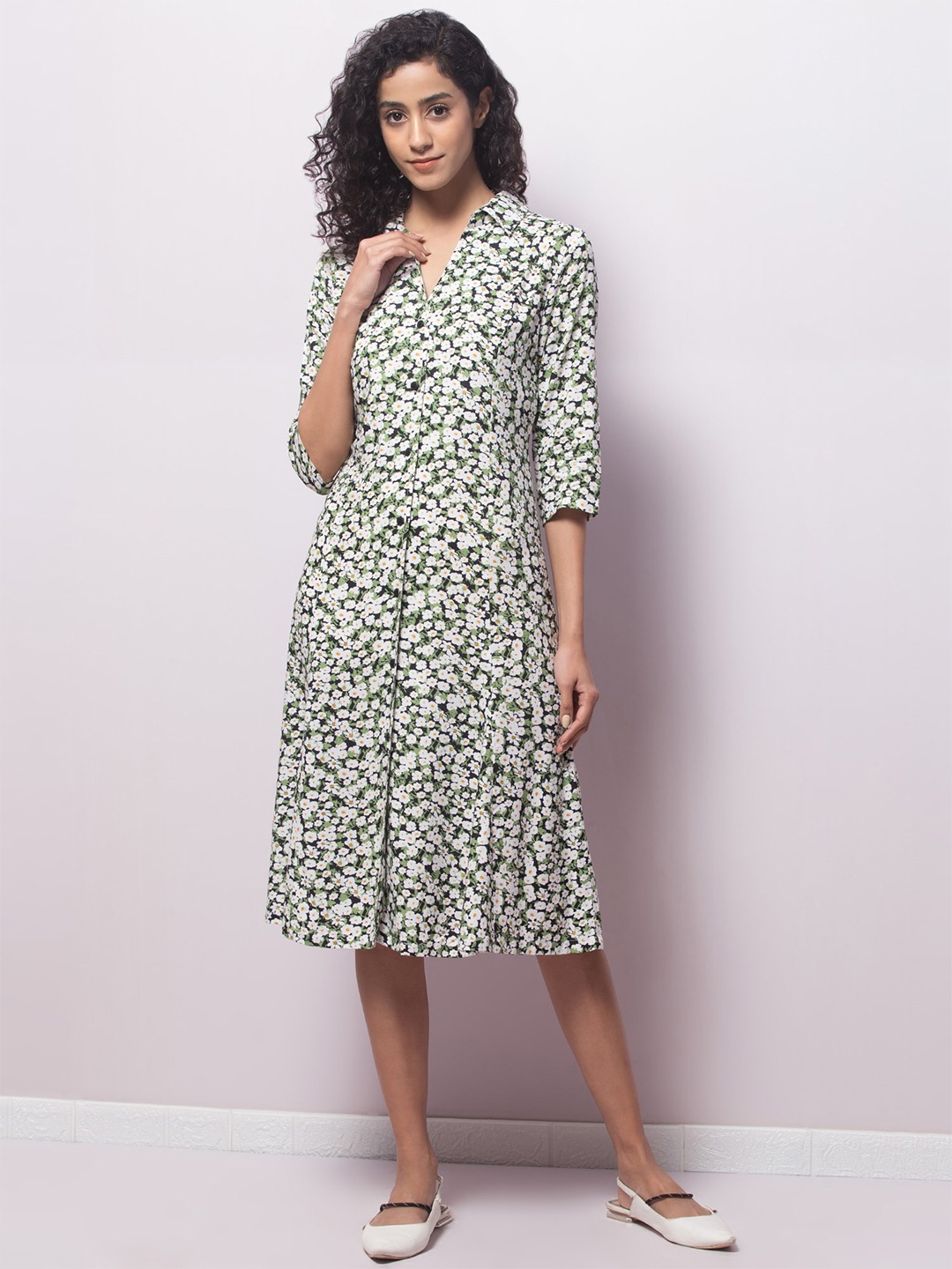 

BAESD Floral Print V-Neck A-Line Midi Dress, Green