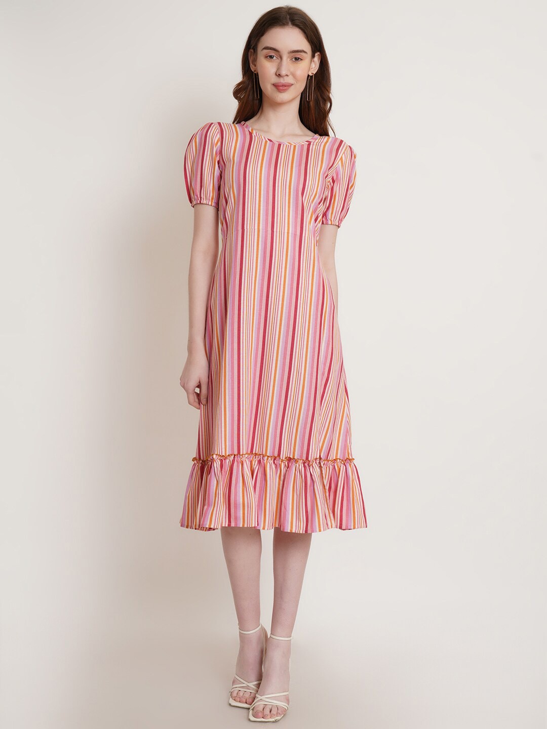 

BAESD Striped Linen Round Neck Short Sleeves Drop-Waist Midi Dress, Red