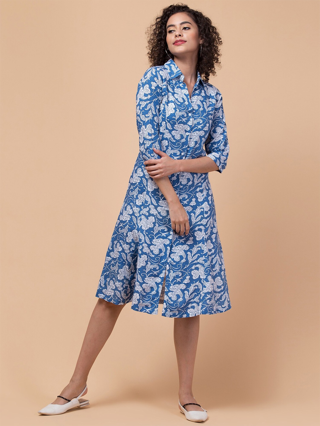

BAESD Floral Print Shirt Collar Fit & Flare Dress, Blue