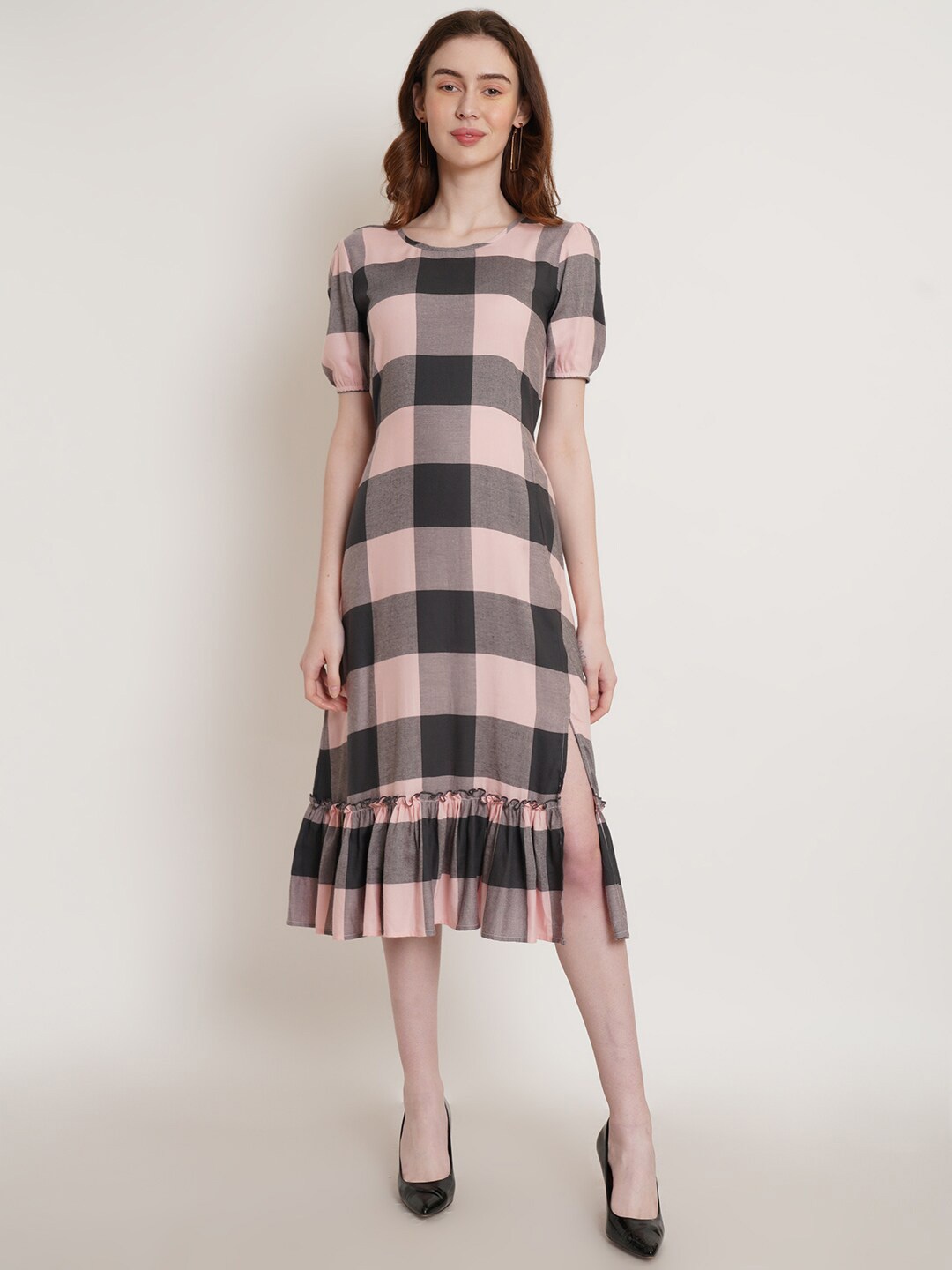 

BAESD Checked Round Neck Short Puff Sleeves A-Line Midi Dress, Peach