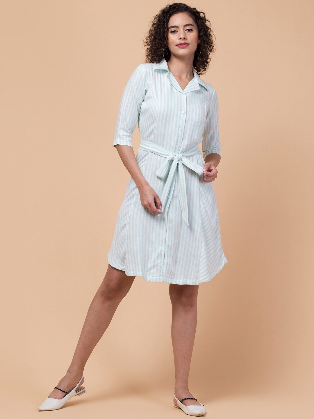 

BAESD Striped Regular Sleeves Shirt Dress, Sea green