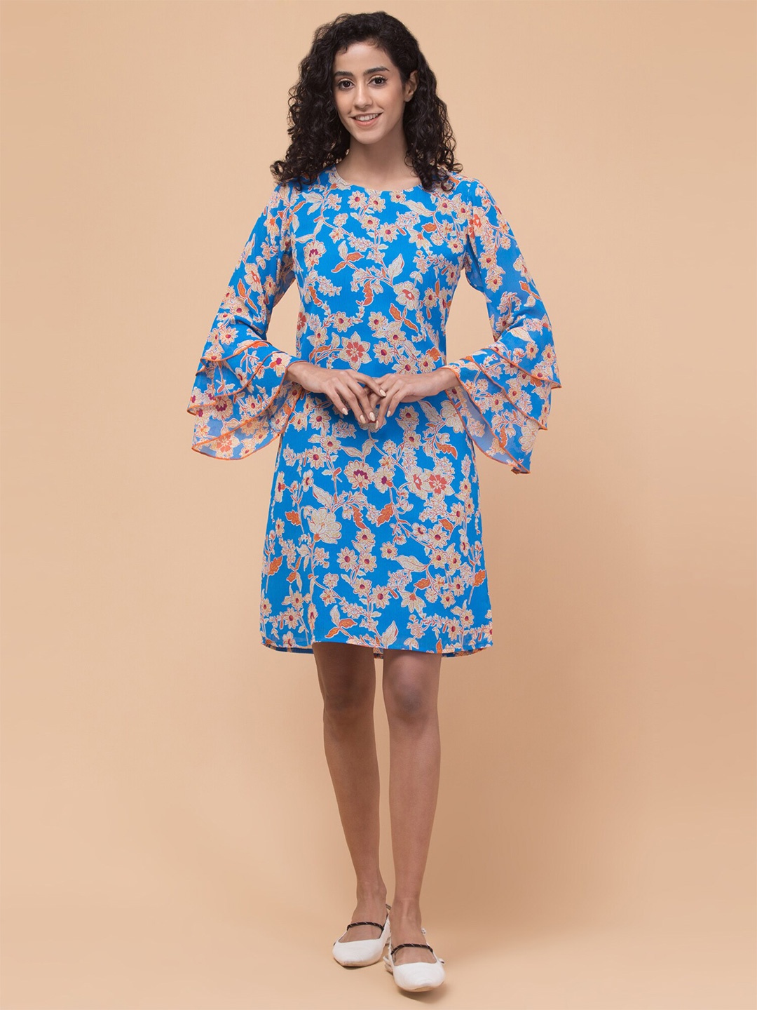 

BAESD Floral Print Georgette Round Neck Bell Sleeve Fit & Flare Casual Dress, Blue