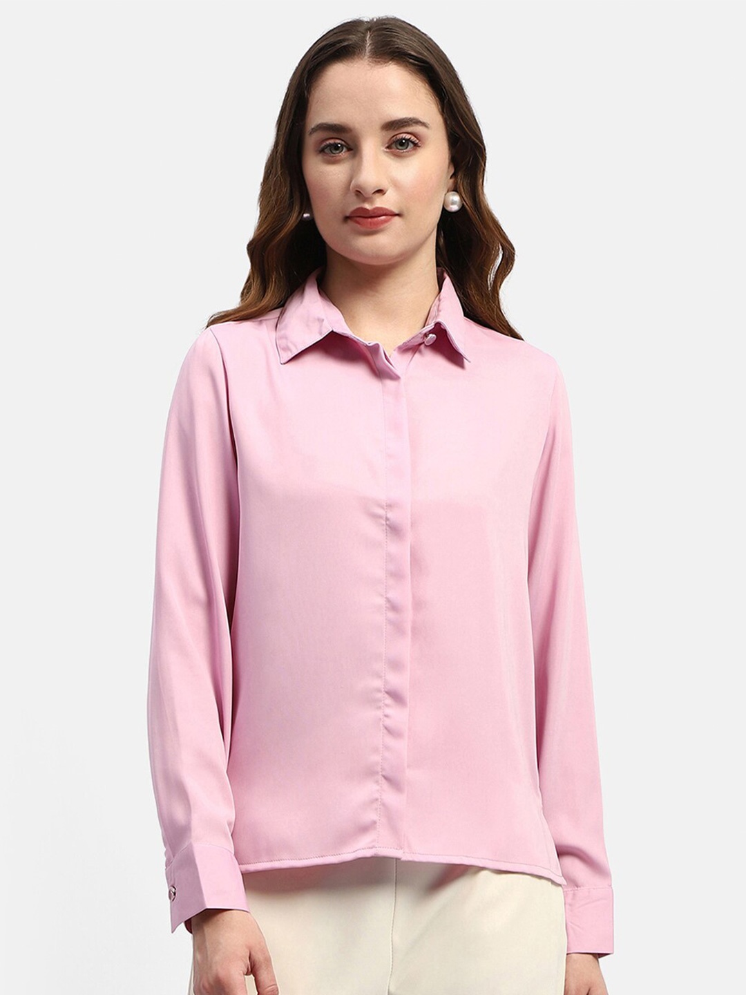 

Madame Spread Concealed Button Placket Casual Shirt, Pink