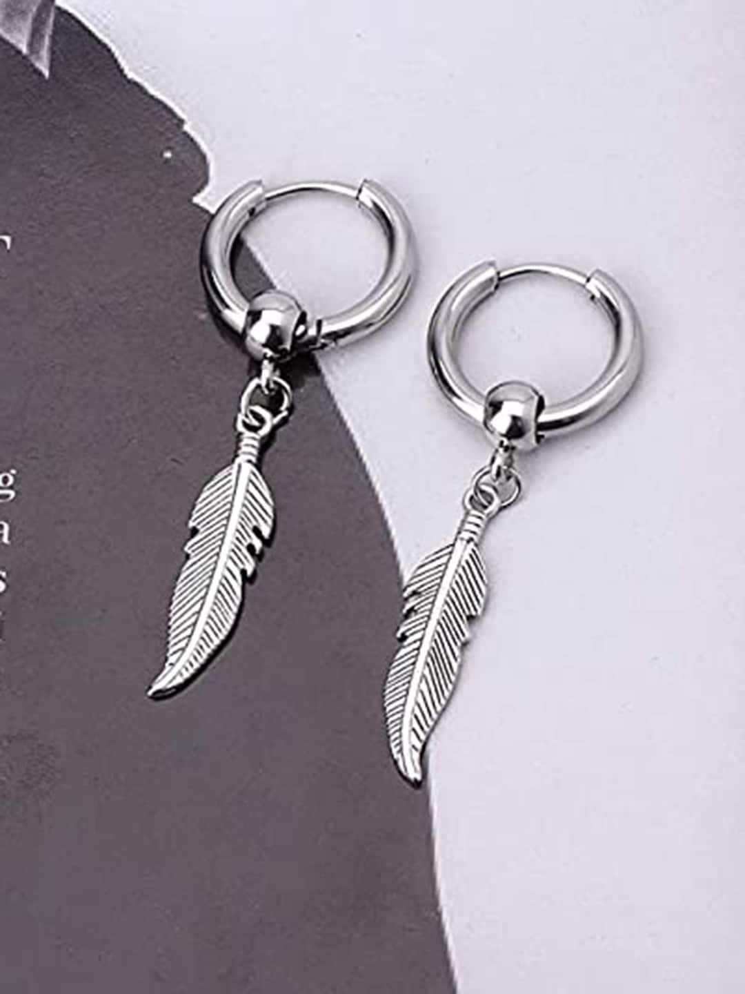 

VAGHBHATT Men Leaf Dangle Wings Shaped Stainless Steel Hoop Earrings, Silver