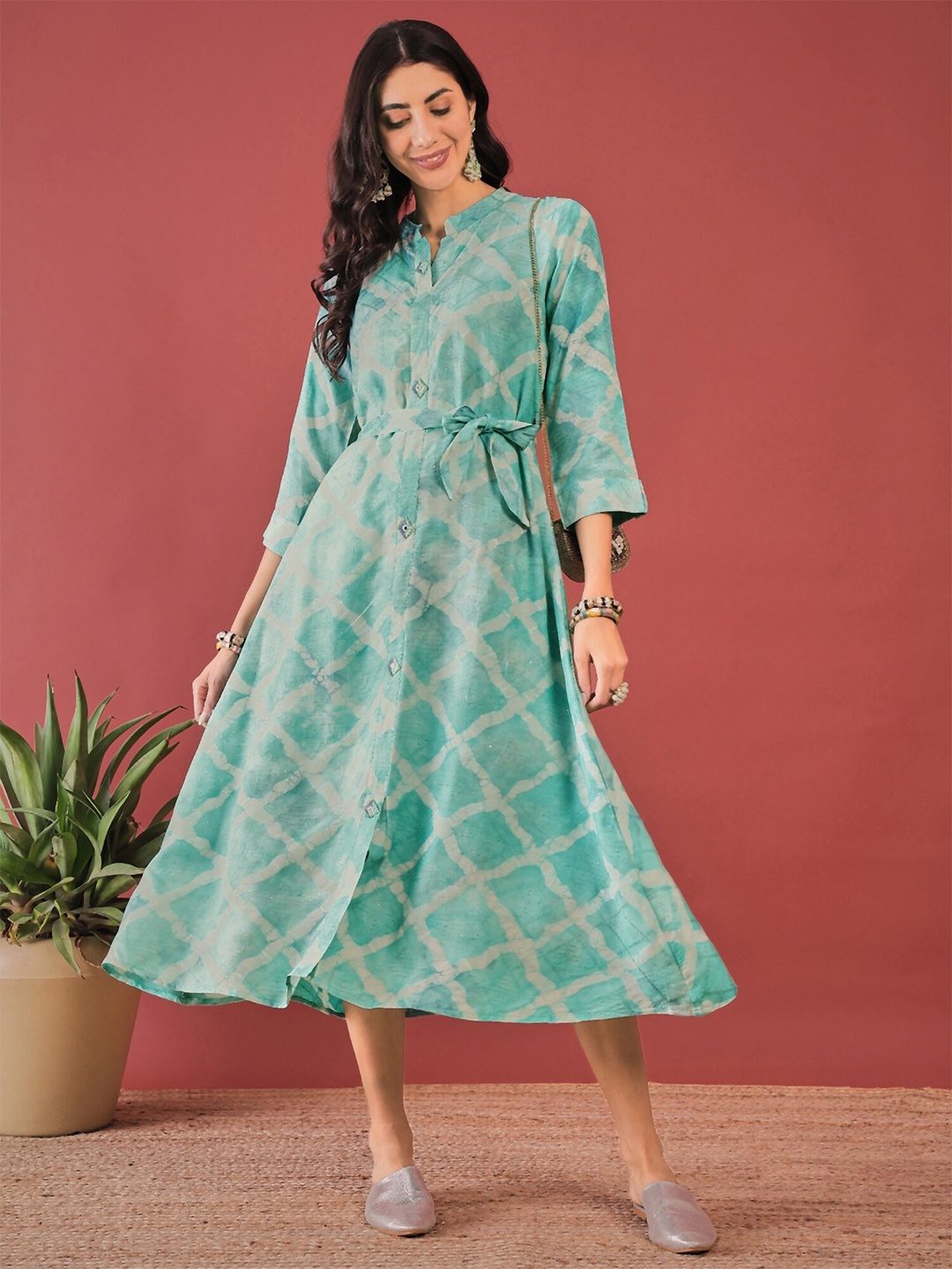 

Anouk Blue Floral Print Mandarin Collar A-Line Midi Dress