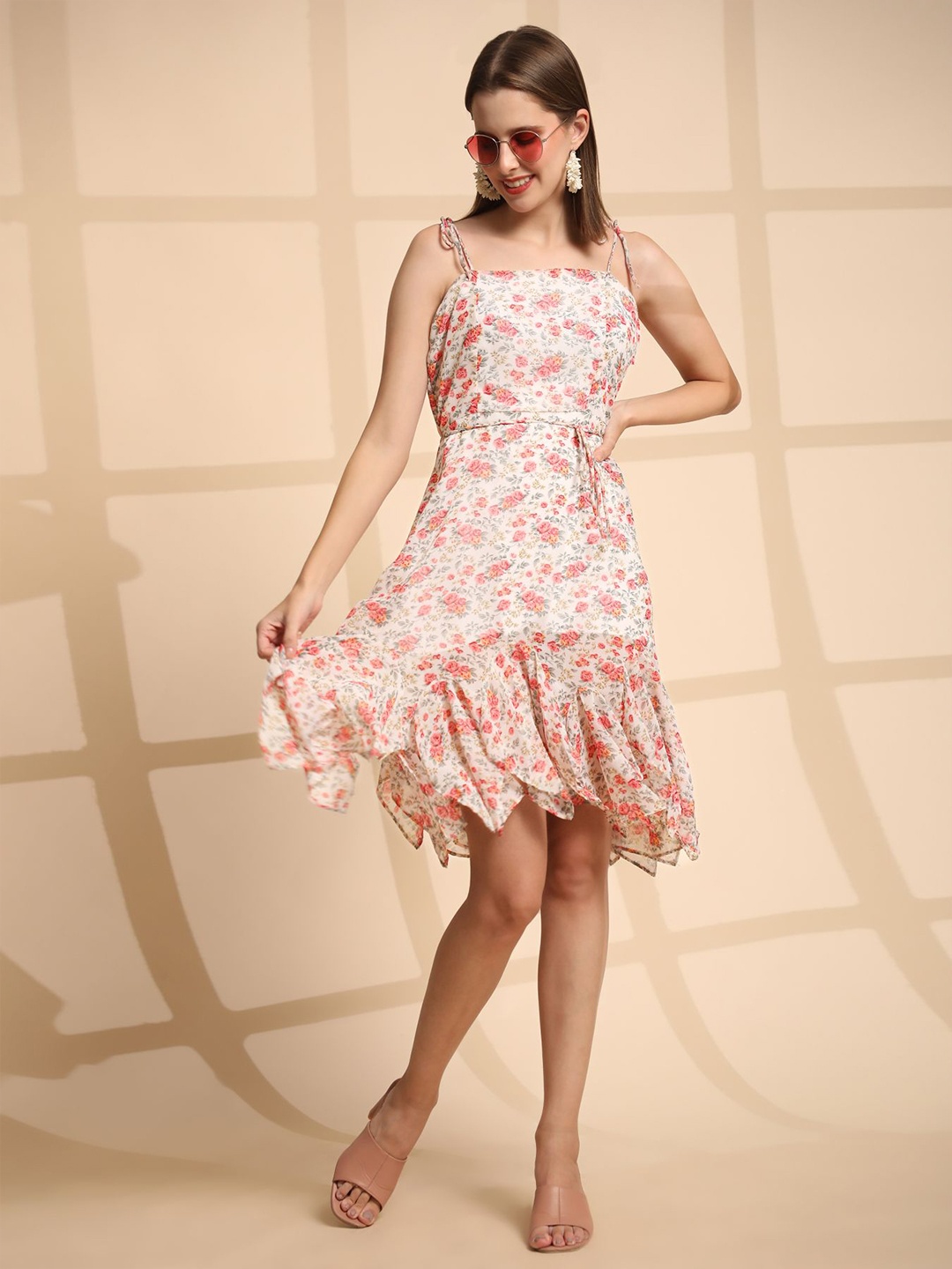 

Phenav Floral Printed Shoulder Straps Georgette Fit & Flare Dress, White