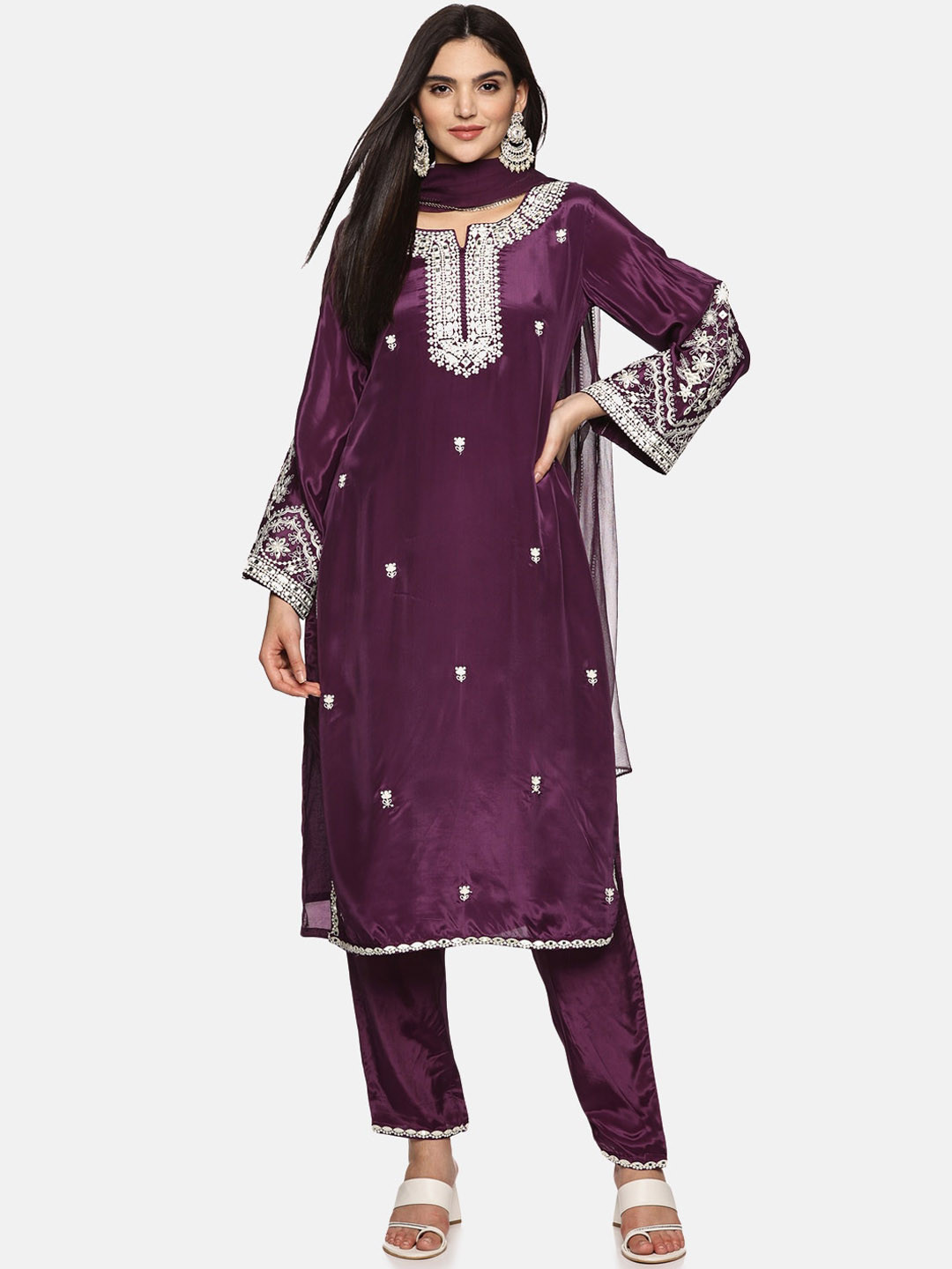 

Palakh Floral Embroidered Regular Mirror Work Pure Silk Kurta with Trousers & Dupatta, Purple