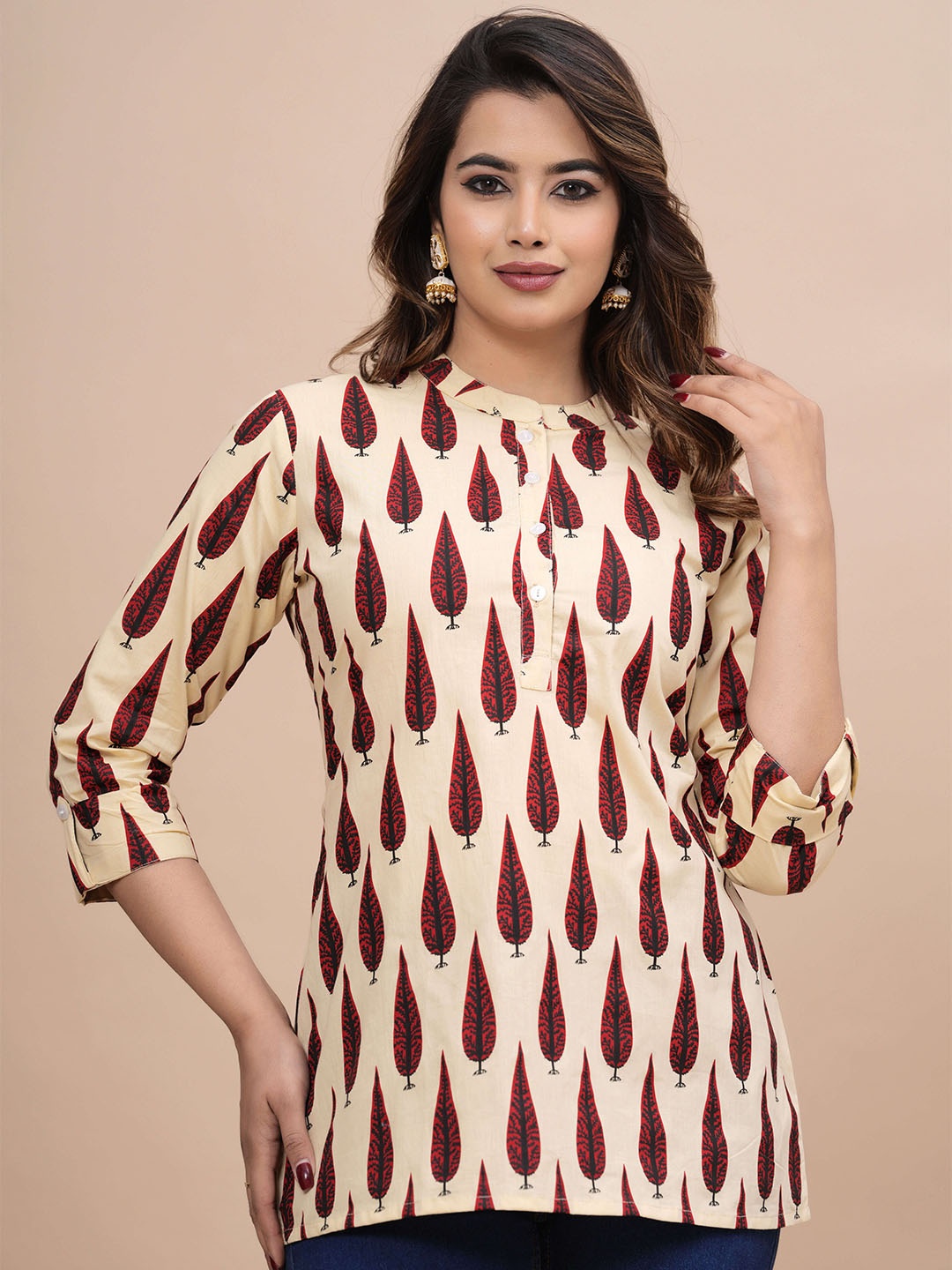 

SIDDHANAM Geometric Printed Pure Cotton Top, Beige