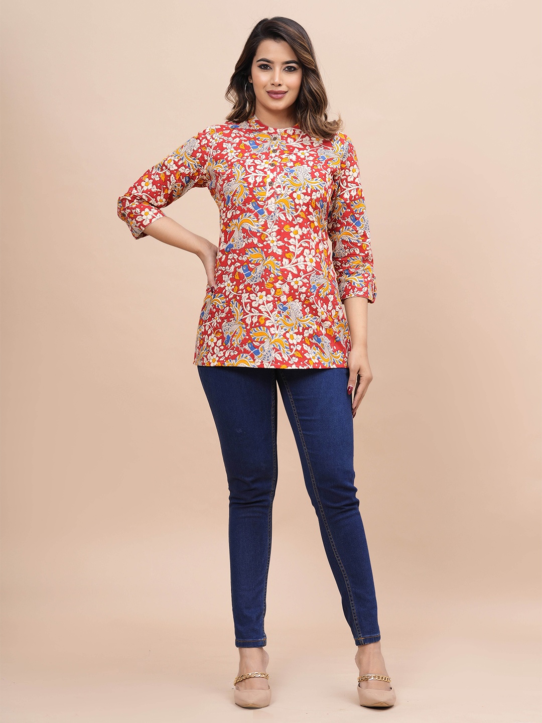 

SIDDHANAM Floral Printed Cotton Top, Red