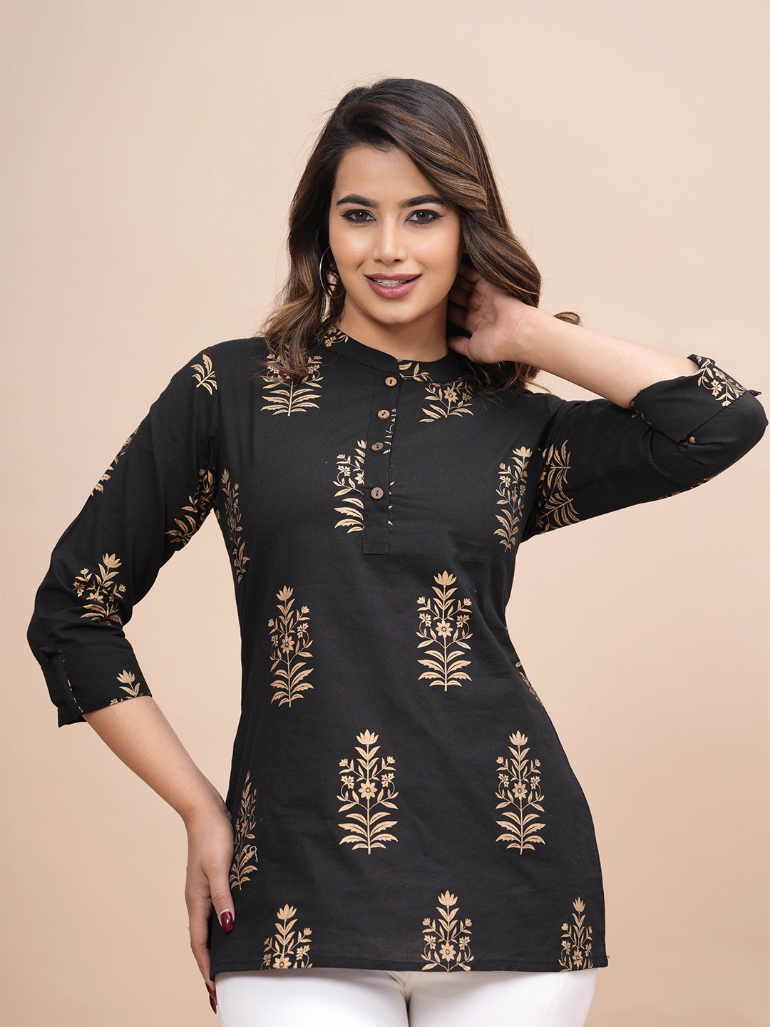 

SIDDHANAM Floral Printed Mandarin Collar Cotton Top, Black