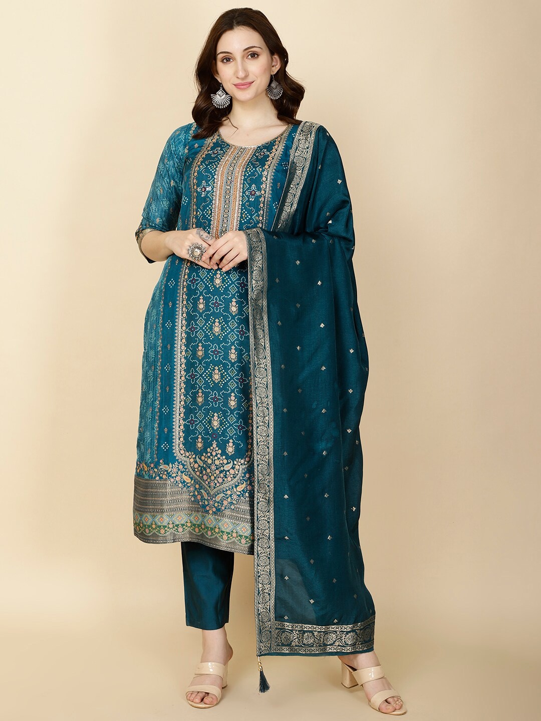 

Meena Bazaar Ethnic Motifs Printed Kurta With Trouser & Dupatta, Teal