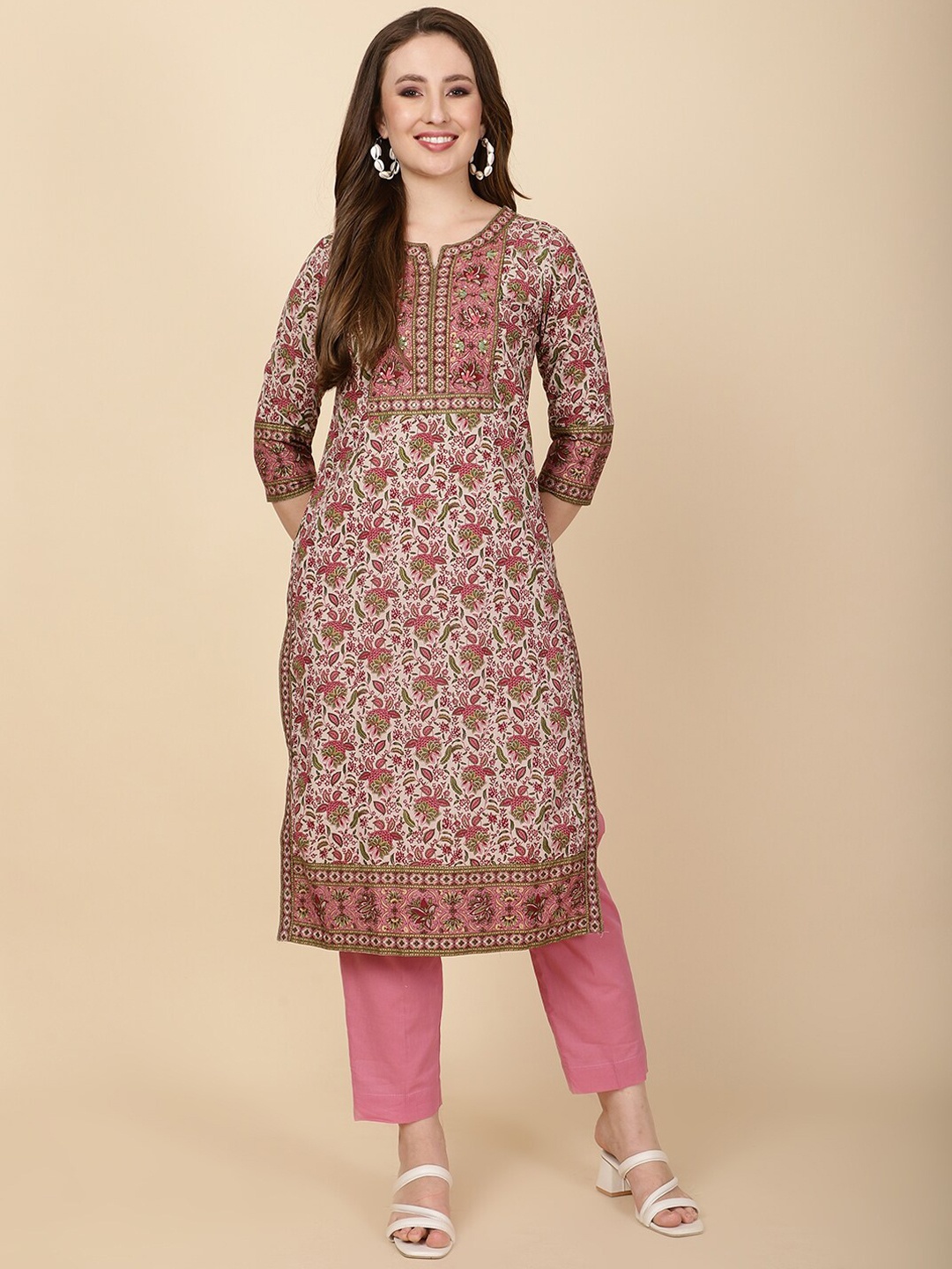 

Meena Bazaar Floral Printed Straight Kurta with Trousers, Beige